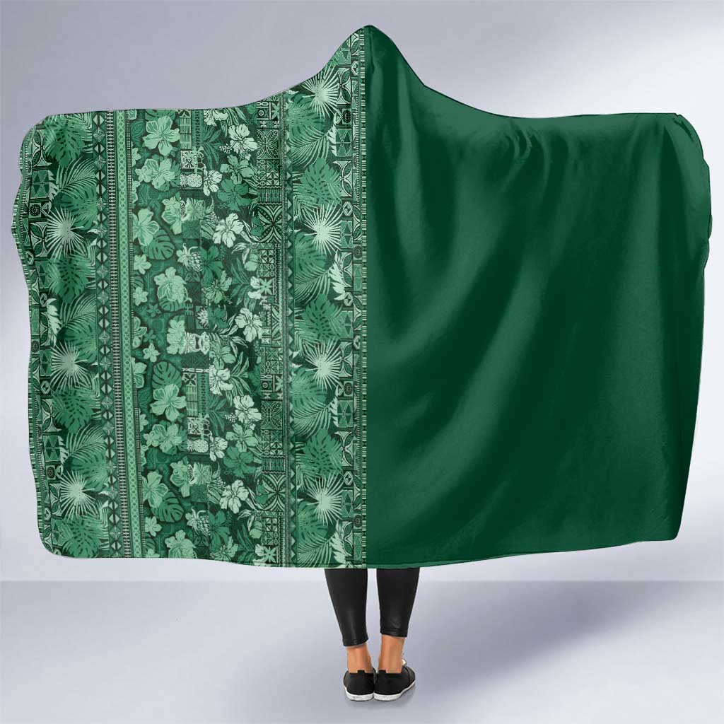 Hawaiian Tribal Elements Hibiscus Hooded Blanket Green Pattern - Polynesian Pride