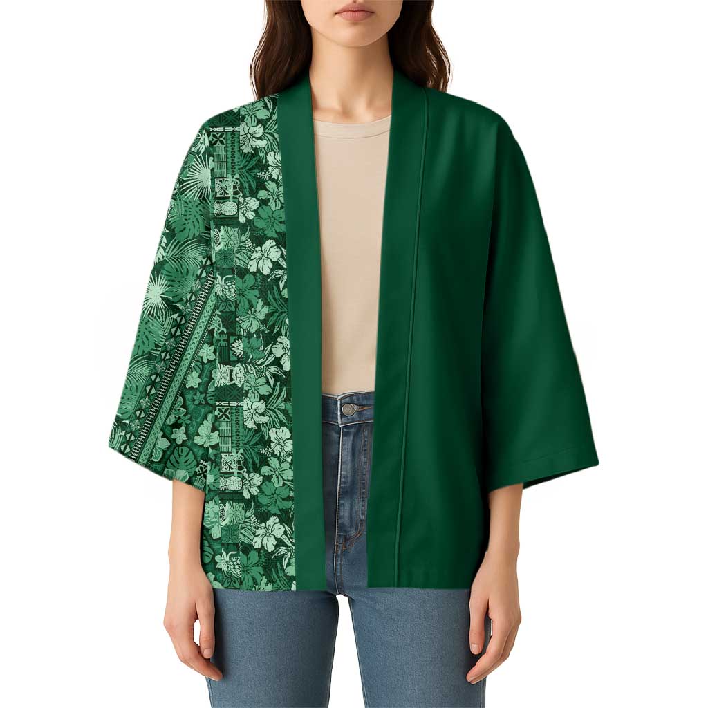 Hawaiian Tribal Elements Hibiscus Kimono Green Pattern - Polynesian Pride