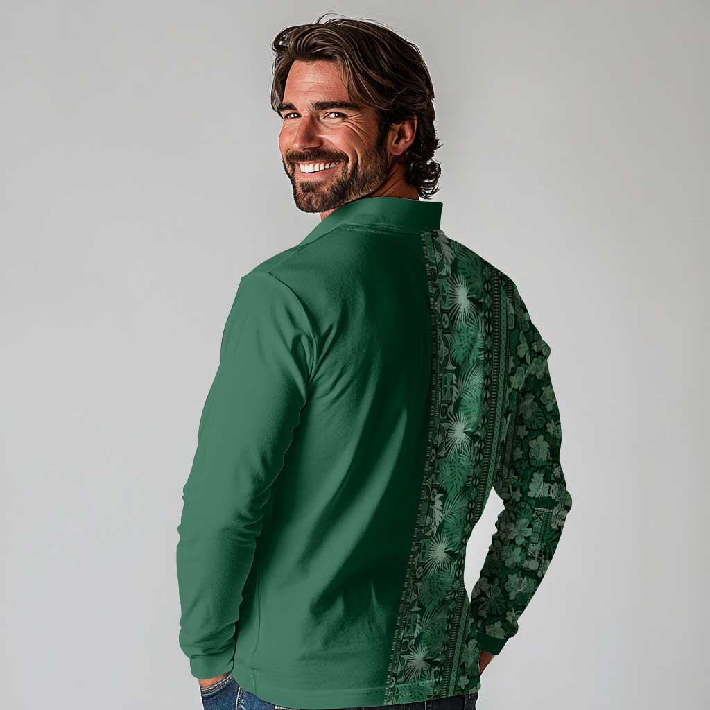 Hawaiian Tribal Elements Hibiscus Long Sleeve Polo Shirt Green Pattern - Polynesian Pride