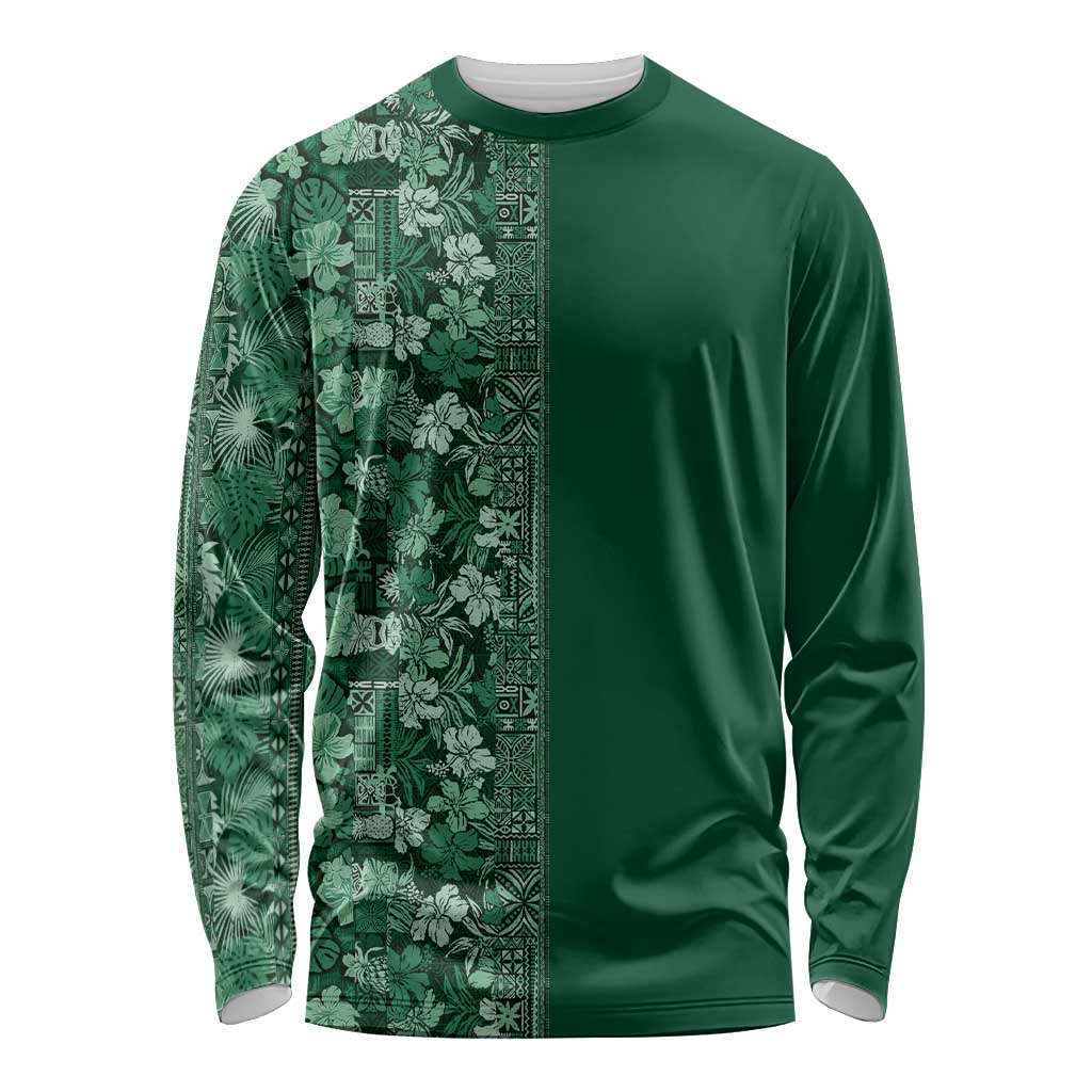 Hawaiian Tribal Elements Hibiscus Long Sleeve Shirt Green Pattern - Polynesian Pride