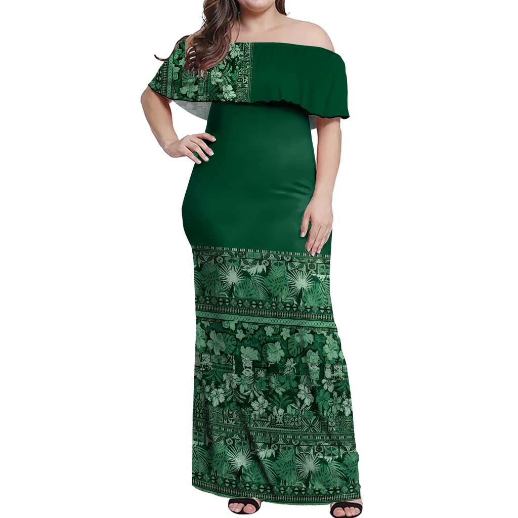 Hawaiian Tribal Elements Hibiscus Off Shoulder Maxi Dress Green Pattern - Polynesian Pride
