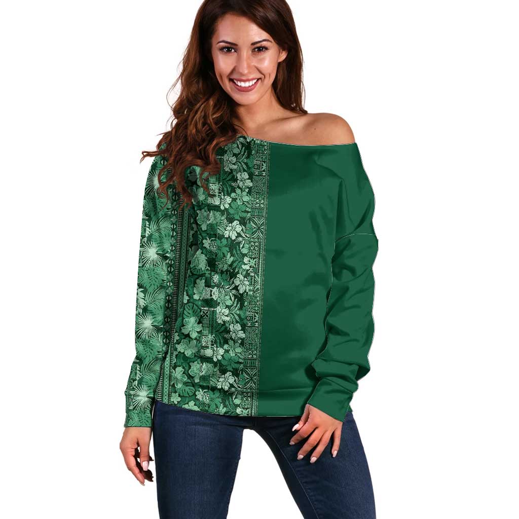 Hawaiian Tribal Elements Hibiscus Off Shoulder Sweater Green Pattern - Polynesian Pride
