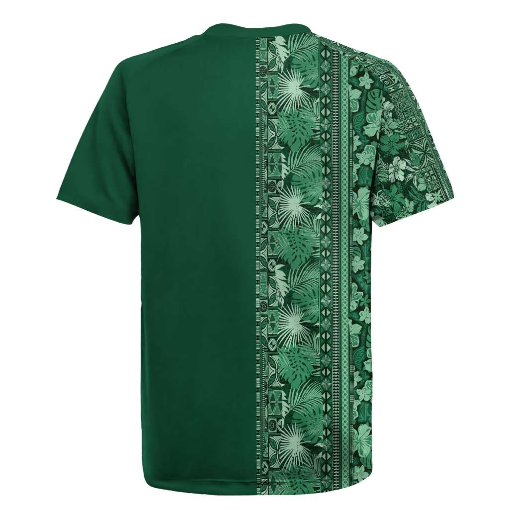Hawaiian Tribal Elements Hibiscus Rugby Jersey Green Pattern - Polynesian Pride