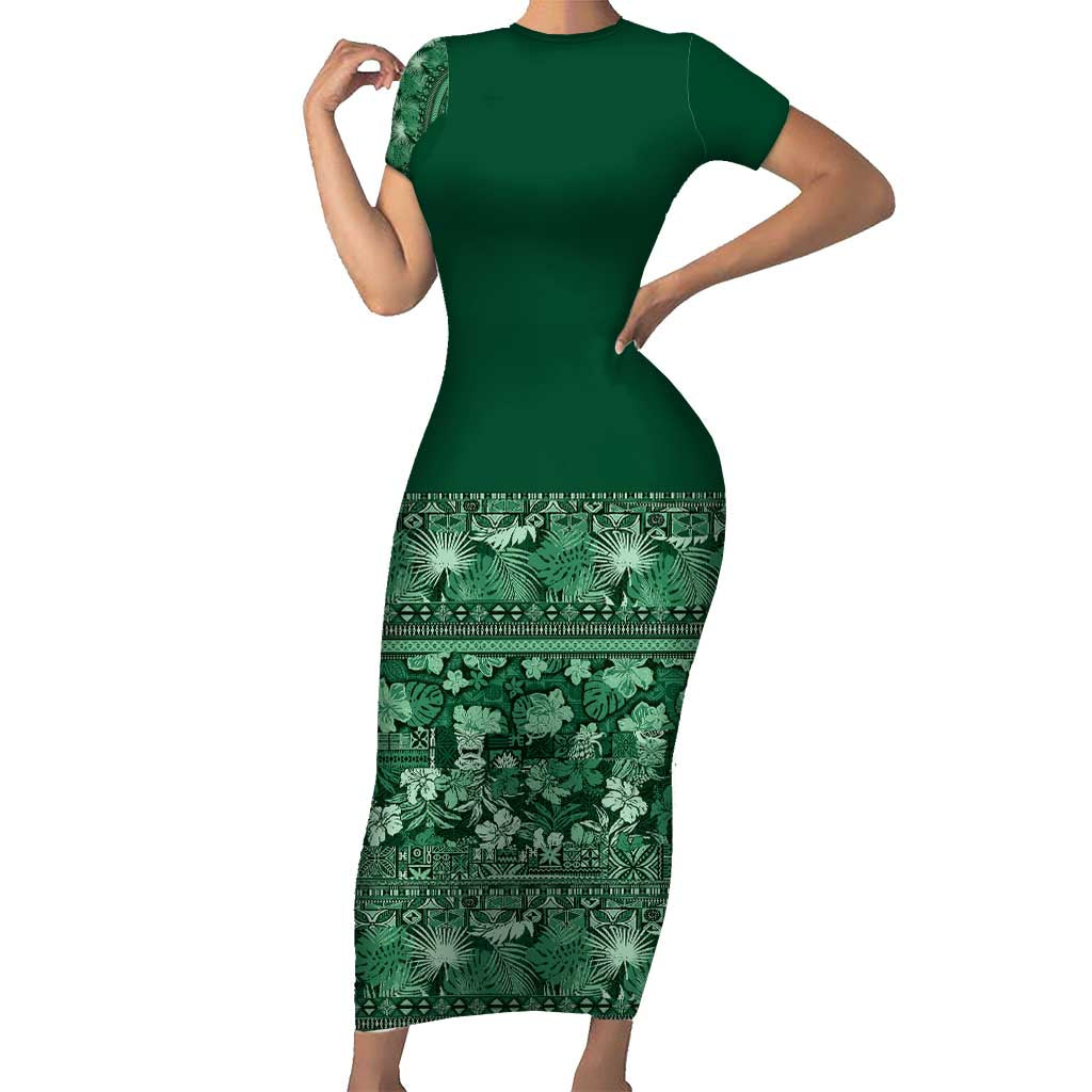 Hawaiian Tribal Elements Hibiscus Short Sleeve Bodycon Dress Green Pattern - Polynesian Pride