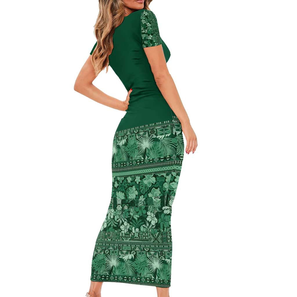 Hawaiian Tribal Elements Hibiscus Short Sleeve Bodycon Dress Green Pattern - Polynesian Pride
