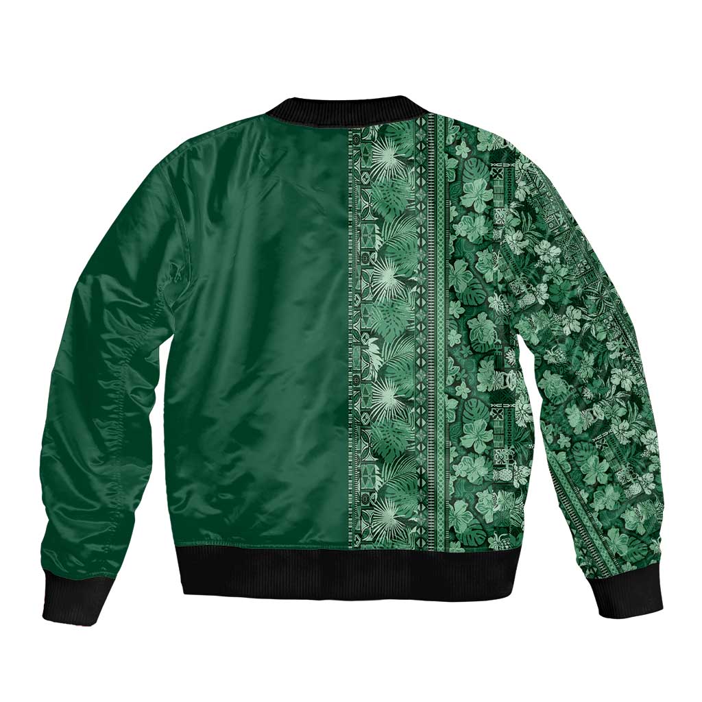 Hawaiian Tribal Elements Hibiscus Sleeve Zip Bomber Jacket Green Pattern - Polynesian Pride