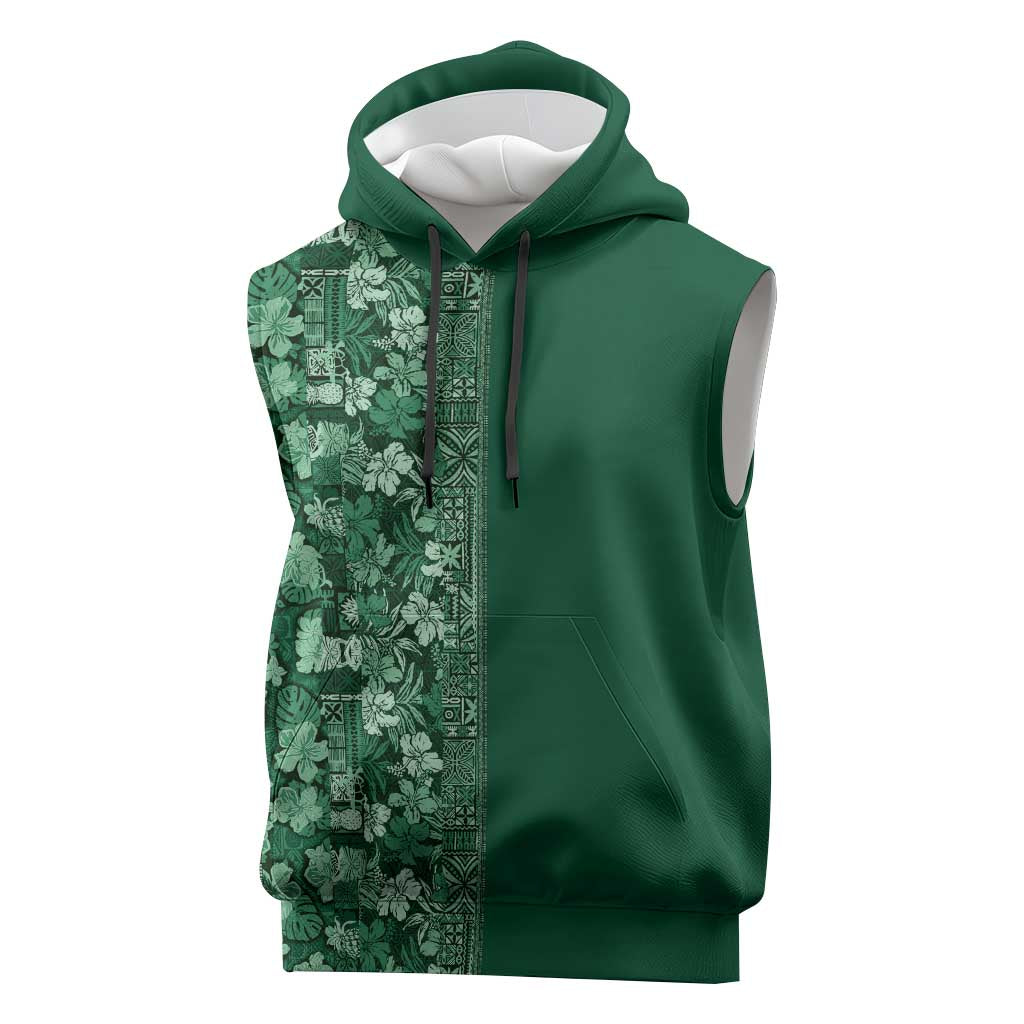 Hawaiian Tribal Elements Hibiscus Sleeveless Hoodie Green Pattern - Polynesian Pride