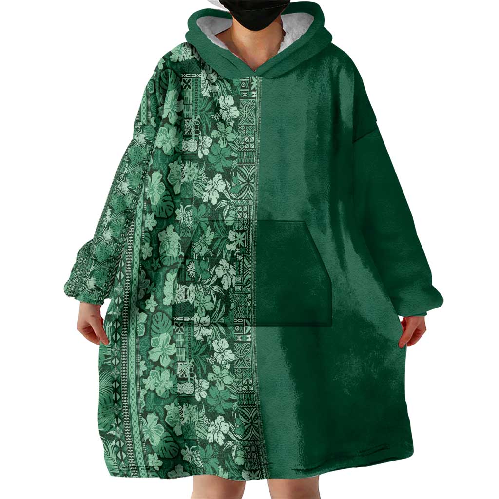 Hawaiian Tribal Elements Hibiscus Wearable Blanket Hoodie Green Pattern - Polynesian Pride