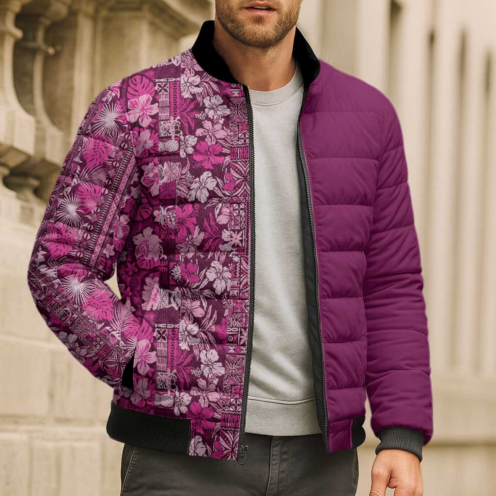Hawaiian Tribal Elements Hibiscus Bomber Puffer Jacket Pink Pattern - Polynesian Pride