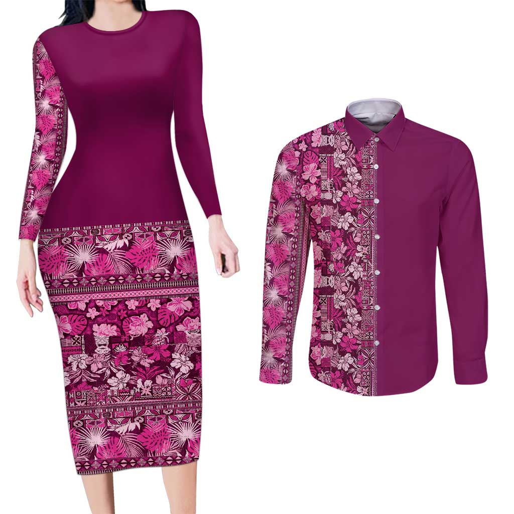 Hawaiian Tribal Elements Hibiscus Couples Matching Long Sleeve Bodycon Dress and Long Sleeve Button Shirt Pink Pattern - Polynesian Pride