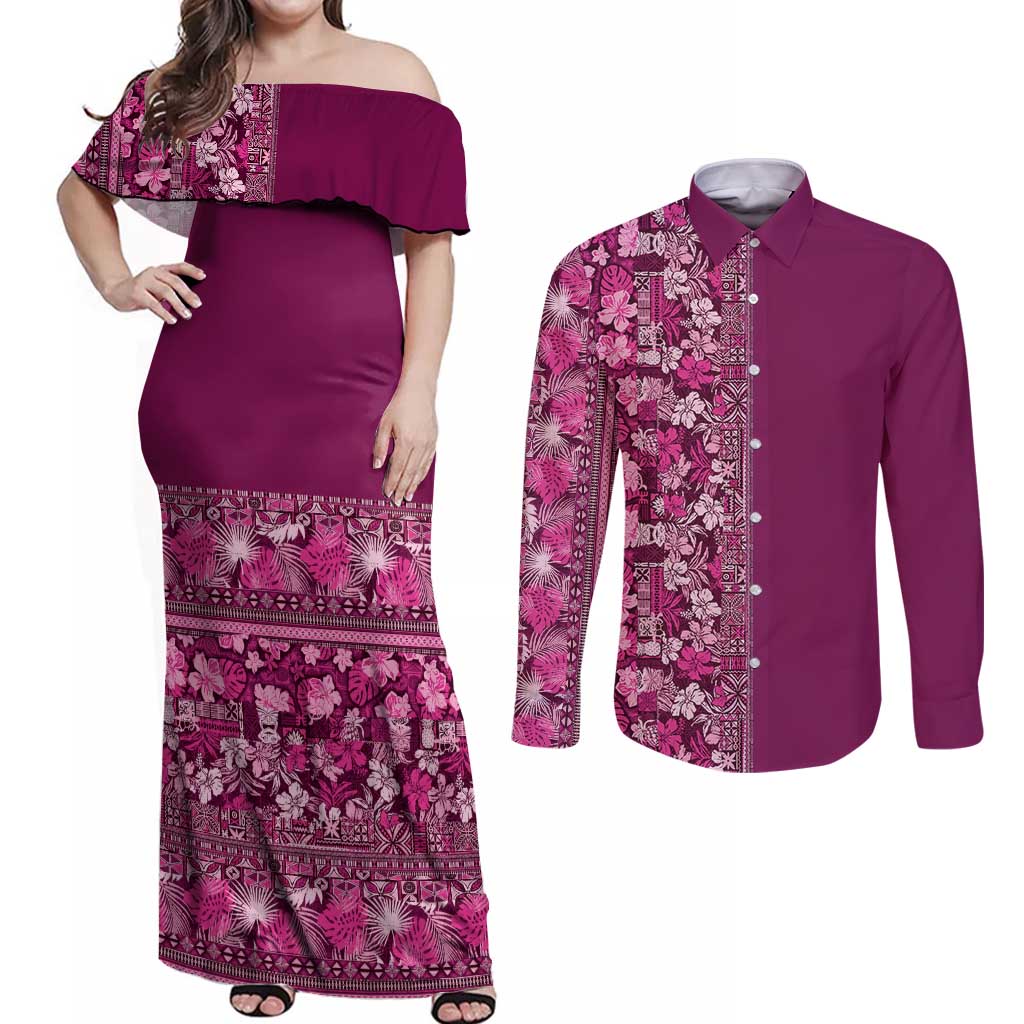 Hawaiian Tribal Elements Hibiscus Couples Matching Off Shoulder Maxi Dress and Long Sleeve Button Shirt Pink Pattern - Polynesian Pride