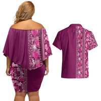 Hawaiian Tribal Elements Hibiscus Couples Matching Off Shoulder Short Dress and Hawaiian Shirt Pink Pattern - Polynesian Pride