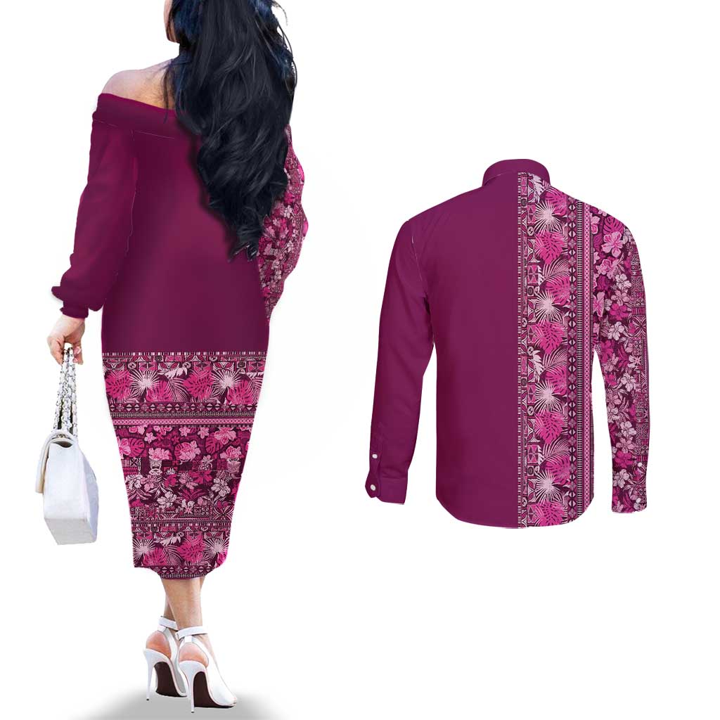 Hawaiian Tribal Elements Hibiscus Couples Matching Off The Shoulder Long Sleeve Dress and Long Sleeve Button Shirt Pink Pattern - Polynesian Pride