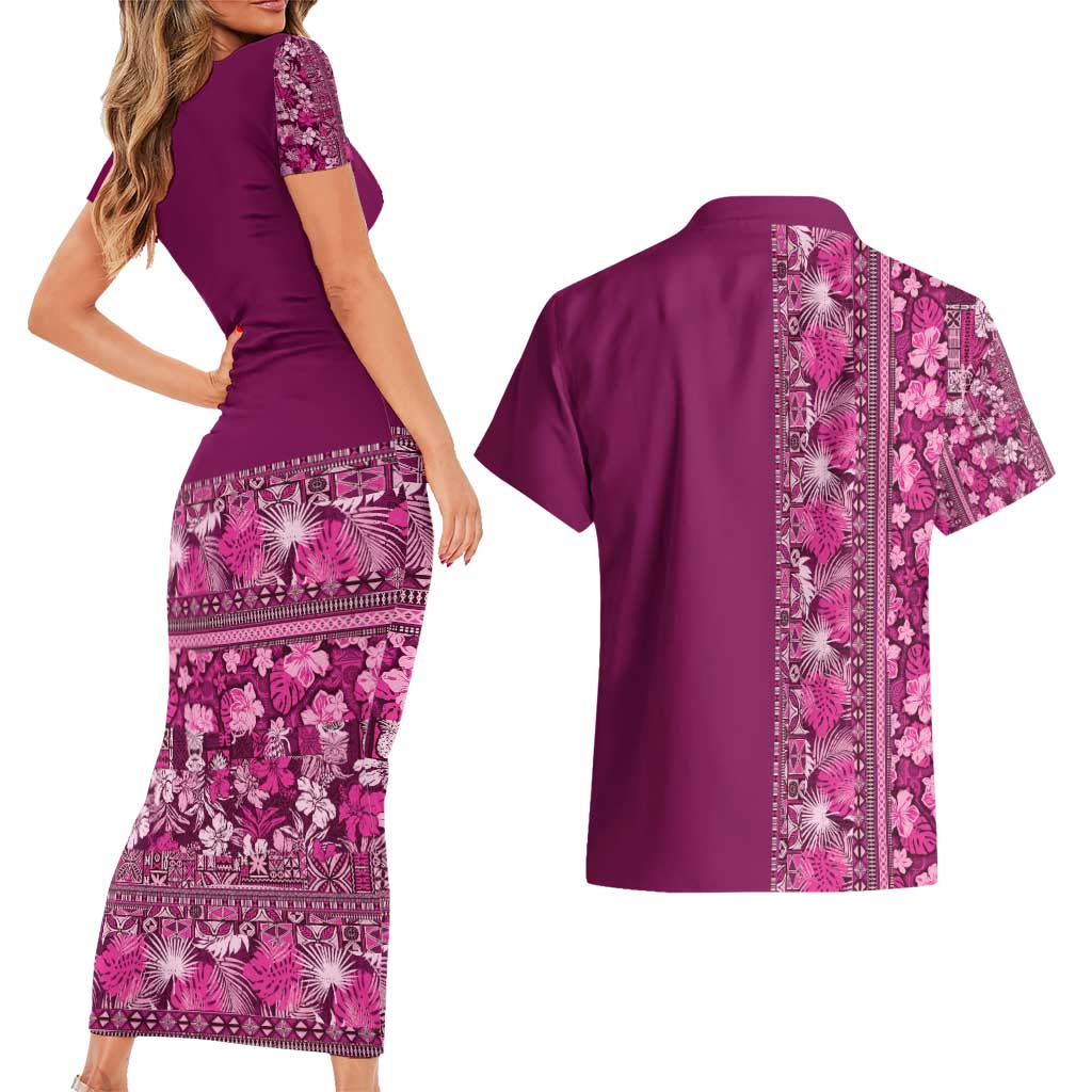 Hawaiian Tribal Elements Hibiscus Couples Matching Short Sleeve Bodycon Dress and Hawaiian Shirt Pink Pattern - Polynesian Pride