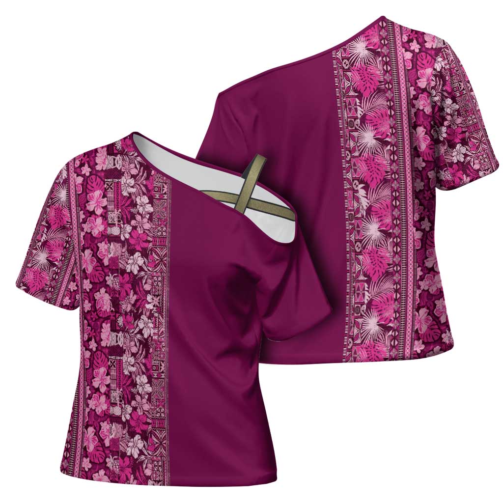 Hawaiian Tribal Elements Hibiscus Cross Shoulder Shirt Pink Pattern - Polynesian Pride