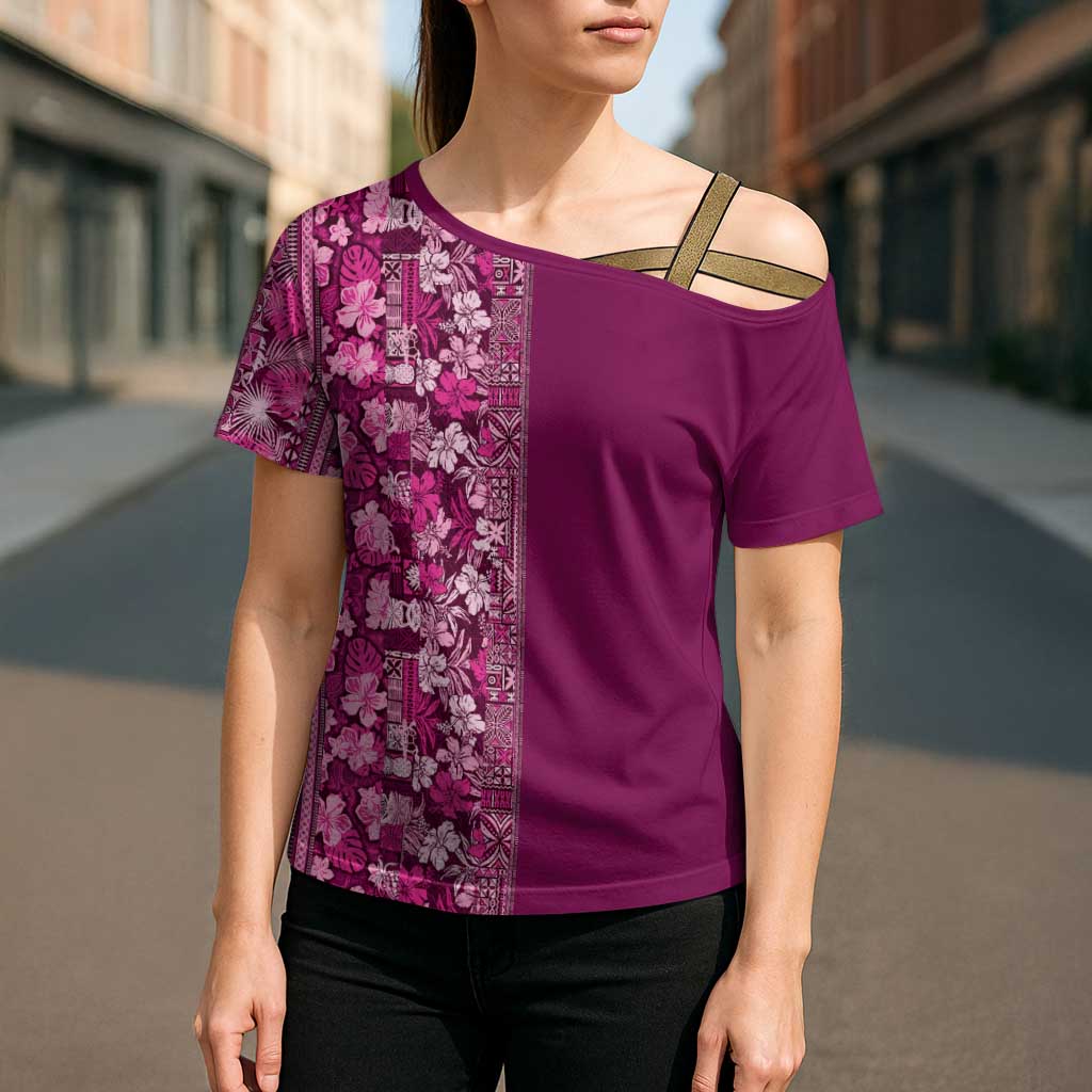 Hawaiian Tribal Elements Hibiscus Cross Shoulder Shirt Pink Pattern - Polynesian Pride