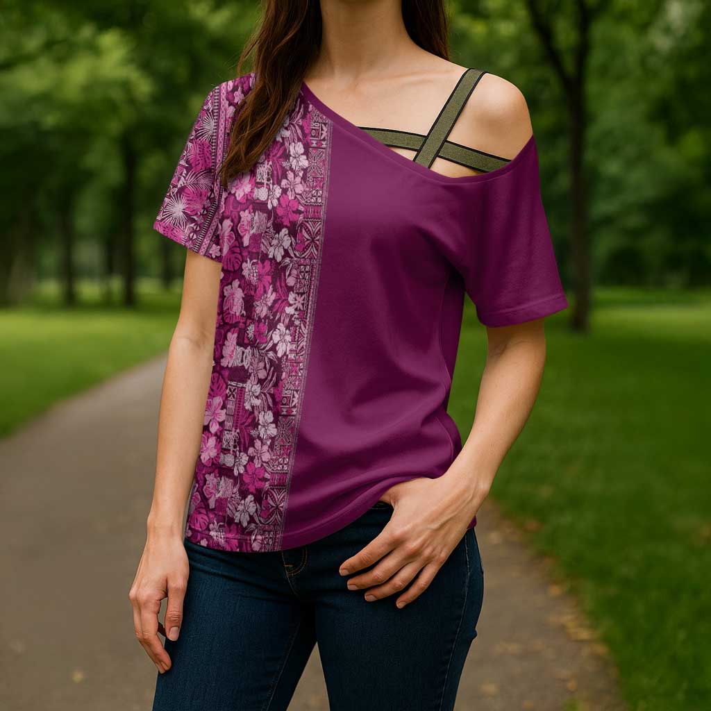 Hawaiian Tribal Elements Hibiscus Cross Shoulder Shirt Pink Pattern - Polynesian Pride