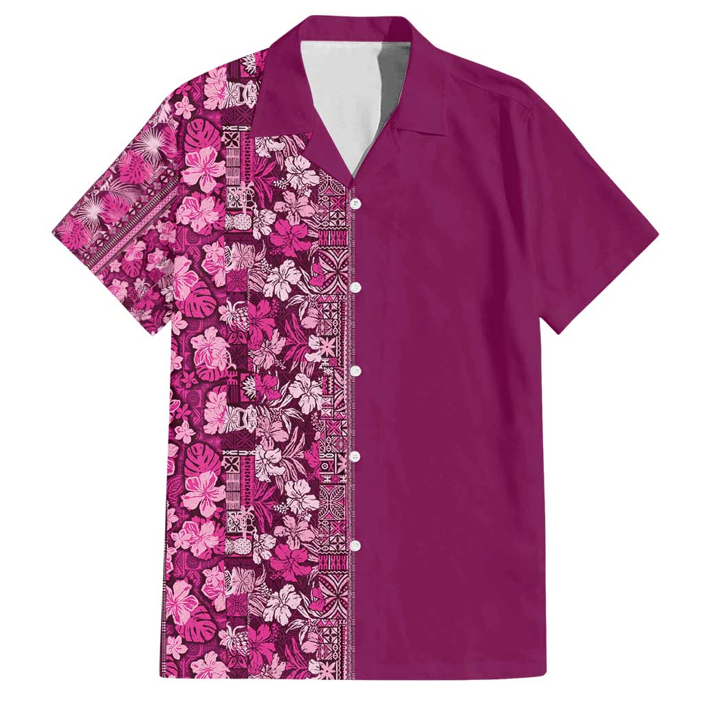 Hawaiian Tribal Elements Hibiscus Family Matching Long Sleeve Bodycon Dress and Hawaiian Shirt Pink Pattern - Polynesian Pride