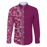 Hawaiian Tribal Elements Hibiscus Family Matching Long Sleeve Bodycon Dress and Hawaiian Shirt Pink Pattern - Polynesian Pride
