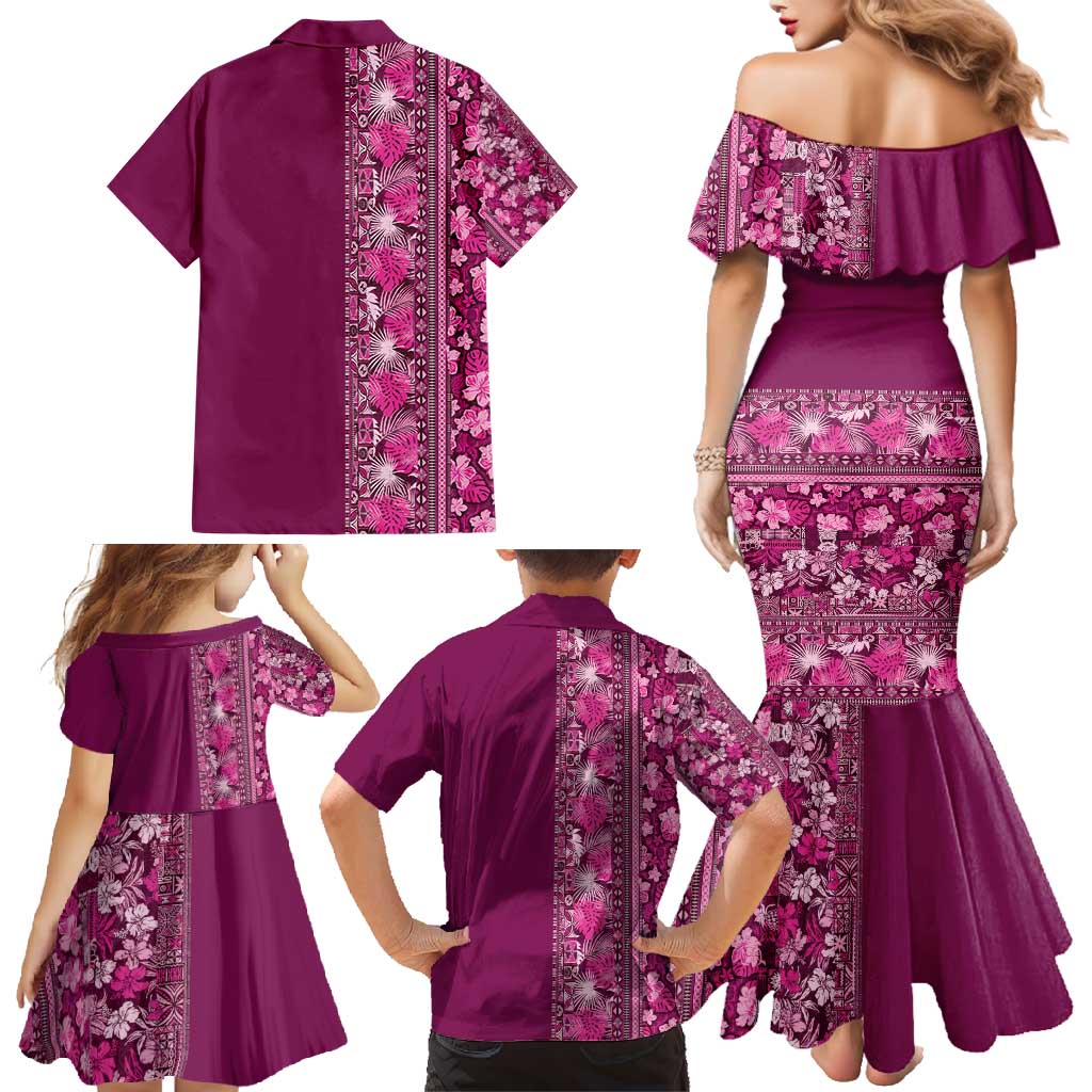 Hawaiian Tribal Elements Hibiscus Family Matching Mermaid Dress and Hawaiian Shirt Pink Pattern - Polynesian Pride