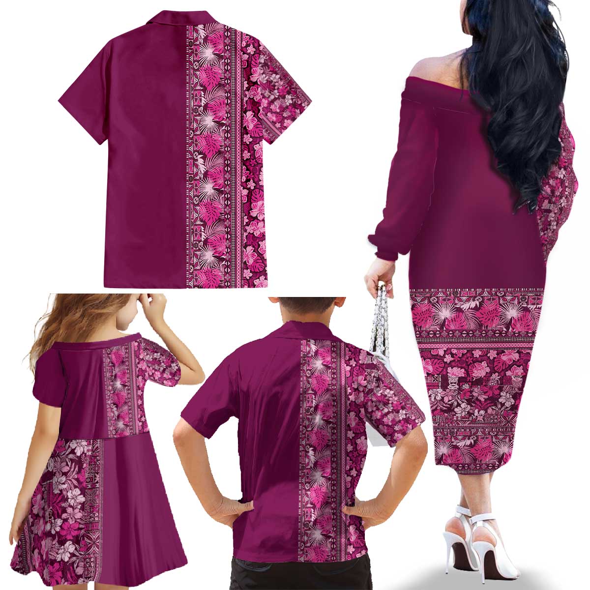 Hawaiian Tribal Elements Hibiscus Family Matching Off The Shoulder Long Sleeve Dress and Hawaiian Shirt Pink Pattern - Polynesian Pride