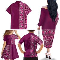 Hawaiian Tribal Elements Hibiscus Family Matching Off The Shoulder Long Sleeve Dress and Hawaiian Shirt Pink Pattern - Polynesian Pride