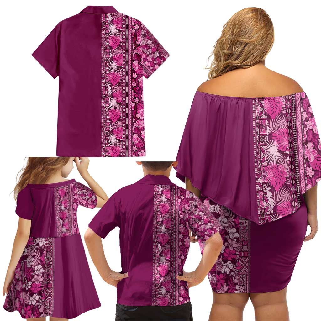 Hawaiian Tribal Elements Hibiscus Family Matching Off Shoulder Short Dress and Hawaiian Shirt Pink Pattern - Polynesian Pride