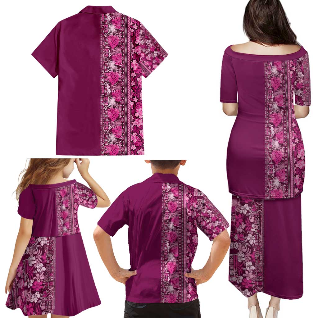 Hawaiian Tribal Elements Hibiscus Family Matching Puletasi and Hawaiian Shirt Pink Pattern - Polynesian Pride