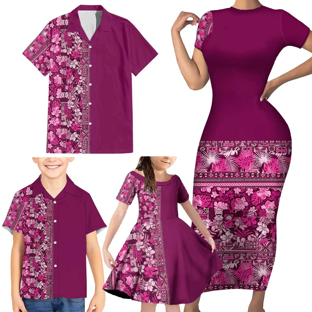 Hawaiian Tribal Elements Hibiscus Family Matching Short Sleeve Bodycon Dress and Hawaiian Shirt Pink Pattern - Polynesian Pride