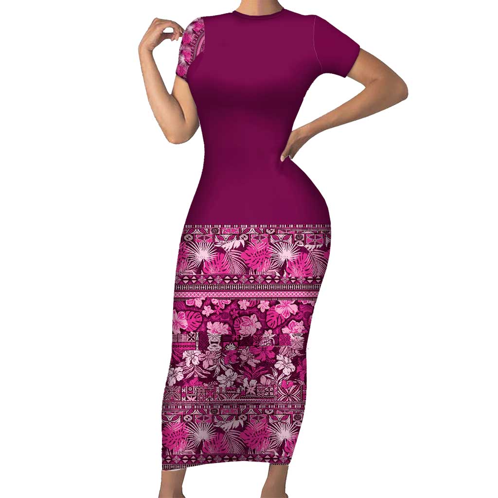 Hawaiian Tribal Elements Hibiscus Family Matching Short Sleeve Bodycon Dress and Hawaiian Shirt Pink Pattern - Polynesian Pride