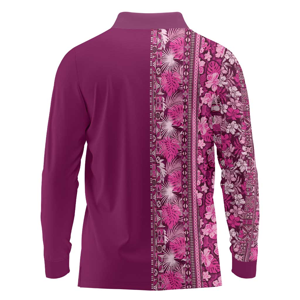 Hawaiian Tribal Elements Hibiscus Long Sleeve Polo Shirt Pink Pattern - Polynesian Pride