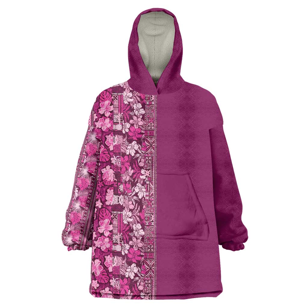 Hawaiian Tribal Elements Hibiscus Wearable Blanket Hoodie Pink Pattern - Polynesian Pride