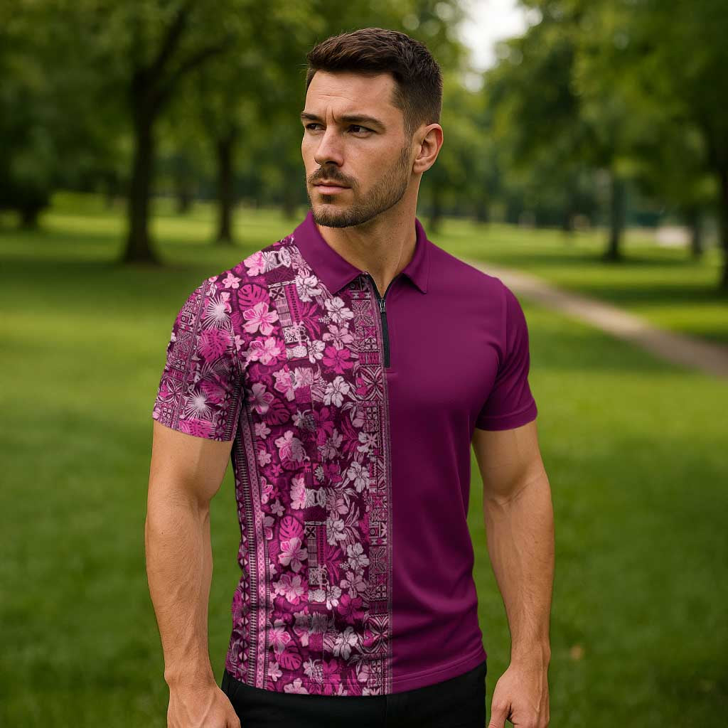 Hawaiian Tribal Elements Hibiscus Zipper Polo Shirt Pink Pattern - Polynesian Pride