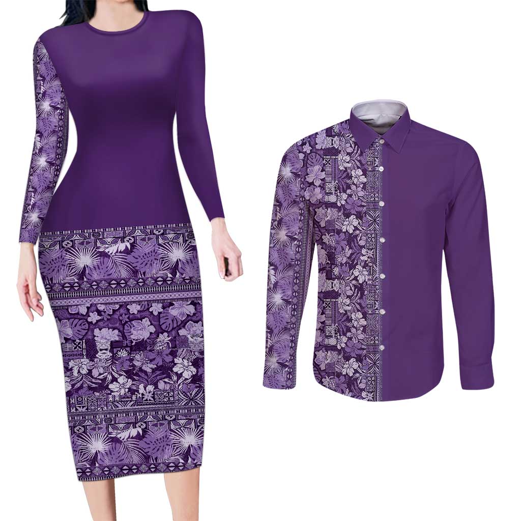 Hawaiian Tribal Elements Hibiscus Couples Matching Long Sleeve Bodycon Dress and Long Sleeve Button Shirt Purple Pattern - Polynesian Pride