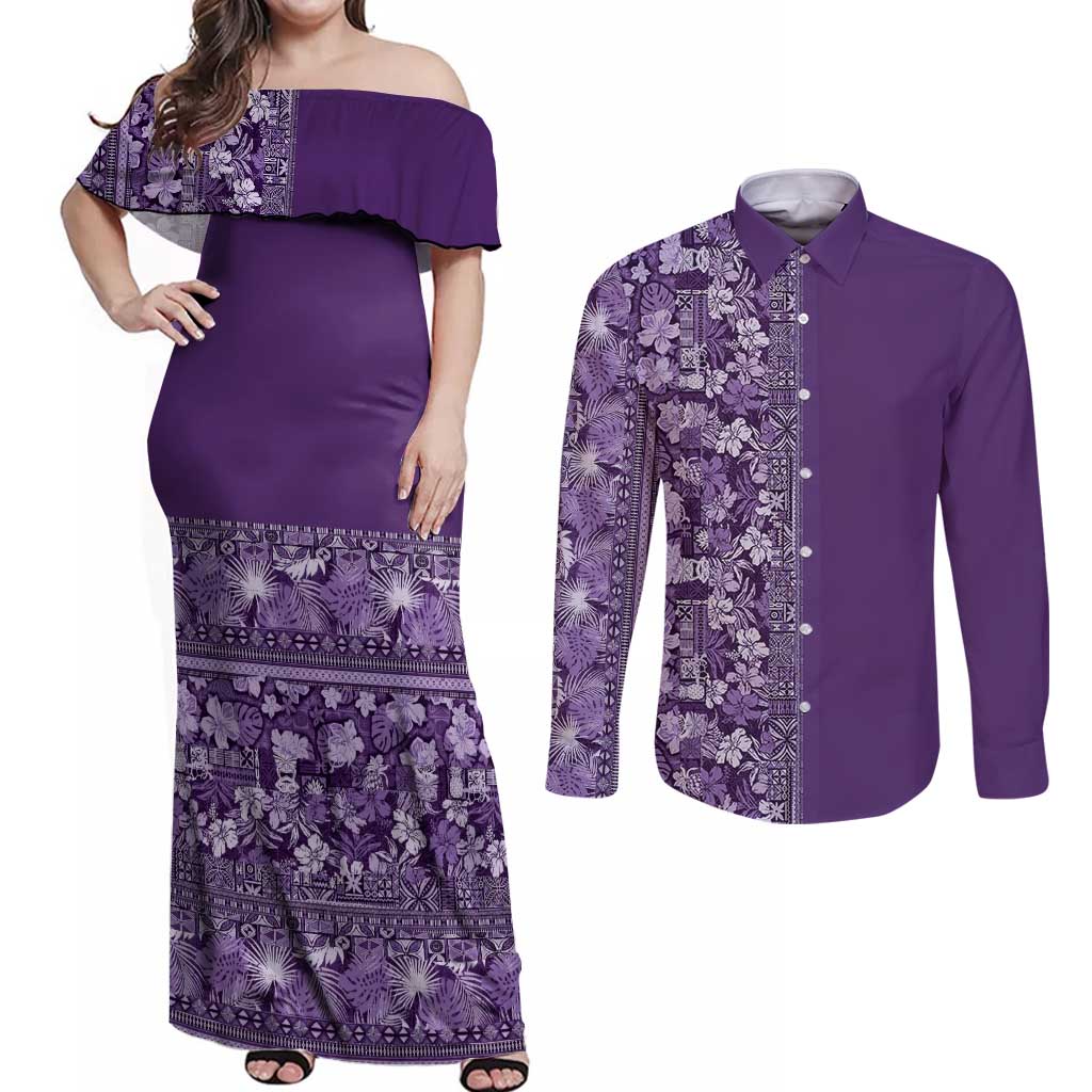 Hawaiian Tribal Elements Hibiscus Couples Matching Off Shoulder Maxi Dress and Long Sleeve Button Shirt Purple Pattern - Polynesian Pride