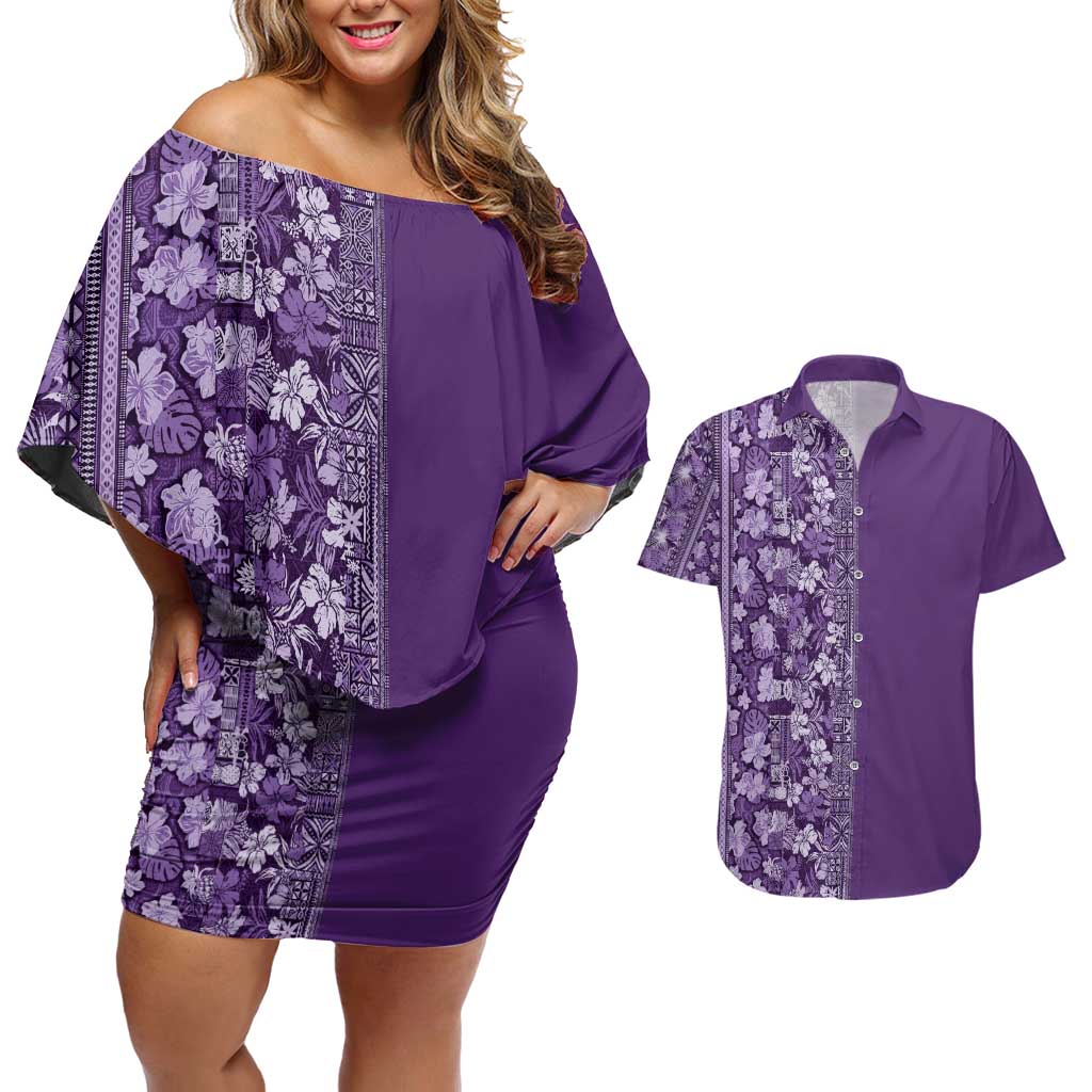 Hawaiian Tribal Elements Hibiscus Couples Matching Off Shoulder Short Dress and Hawaiian Shirt Purple Pattern - Polynesian Pride
