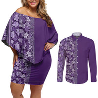 Hawaiian Tribal Elements Hibiscus Couples Matching Off Shoulder Short Dress and Long Sleeve Button Shirt Purple Pattern - Polynesian Pride