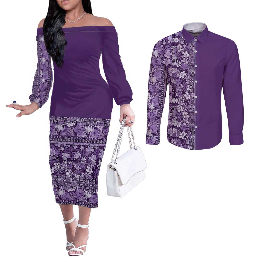 Hawaiian Tribal Elements Hibiscus Couples Matching Off The Shoulder Long Sleeve Dress and Long Sleeve Button Shirt Purple Pattern - Polynesian Pride