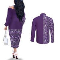 Hawaiian Tribal Elements Hibiscus Couples Matching Off The Shoulder Long Sleeve Dress and Long Sleeve Button Shirt Purple Pattern - Polynesian Pride
