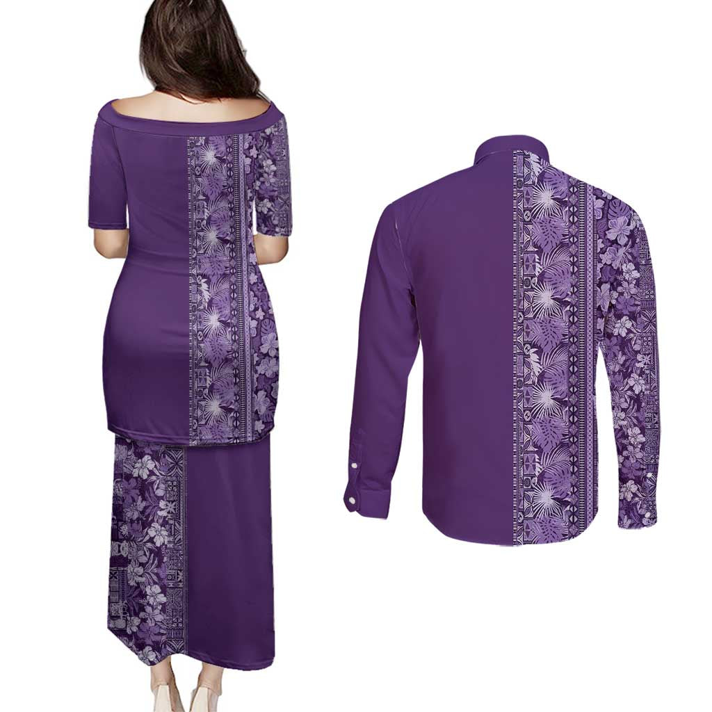 Hawaiian Tribal Elements Hibiscus Couples Matching Puletasi and Long Sleeve Button Shirt Purple Pattern - Polynesian Pride