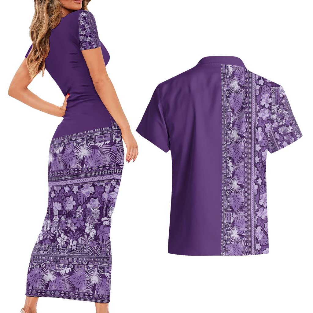 Hawaiian Tribal Elements Hibiscus Couples Matching Short Sleeve Bodycon Dress and Hawaiian Shirt Purple Pattern - Polynesian Pride