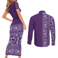 Hawaiian Tribal Elements Hibiscus Couples Matching Short Sleeve Bodycon Dress and Long Sleeve Button Shirt Purple Pattern - Polynesian Pride