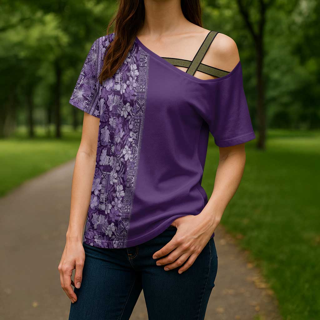 Hawaiian Tribal Elements Hibiscus Cross Shoulder Shirt Purple Pattern - Polynesian Pride