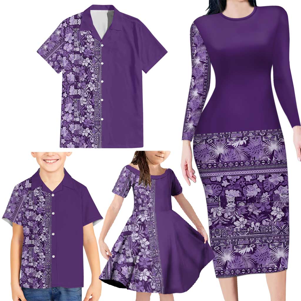 Hawaiian Tribal Elements Hibiscus Family Matching Long Sleeve Bodycon Dress and Hawaiian Shirt Purple Pattern - Polynesian Pride