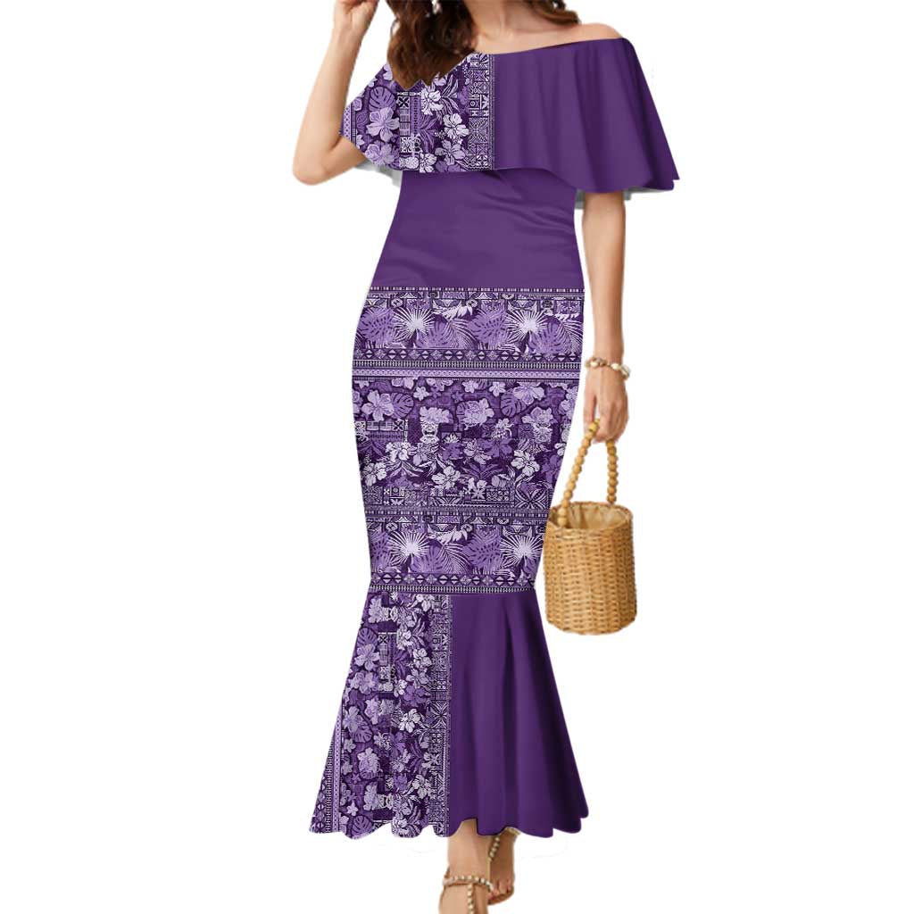 Hawaiian Tribal Elements Hibiscus Family Matching Mermaid Dress and Hawaiian Shirt Purple Pattern - Polynesian Pride