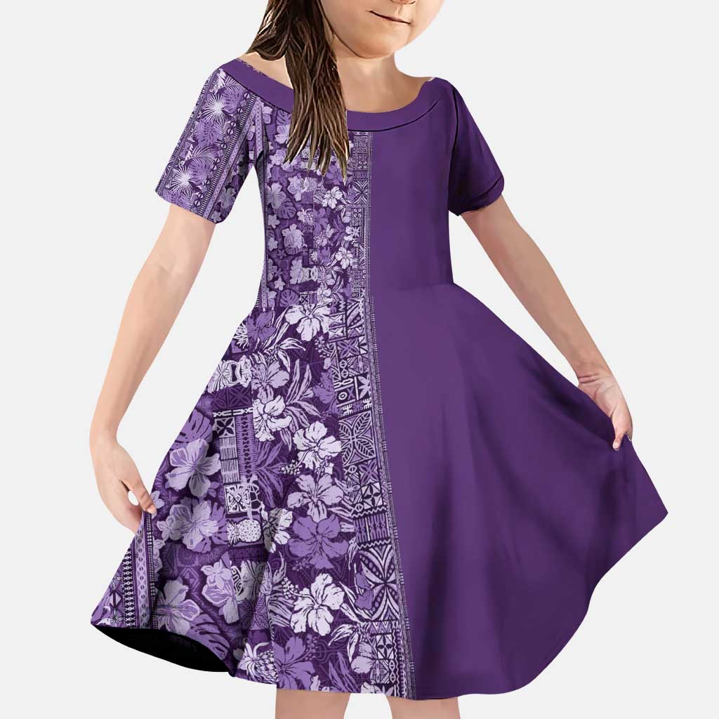 Hawaiian Tribal Elements Hibiscus Family Matching Puletasi and Hawaiian Shirt Purple Pattern - Polynesian Pride