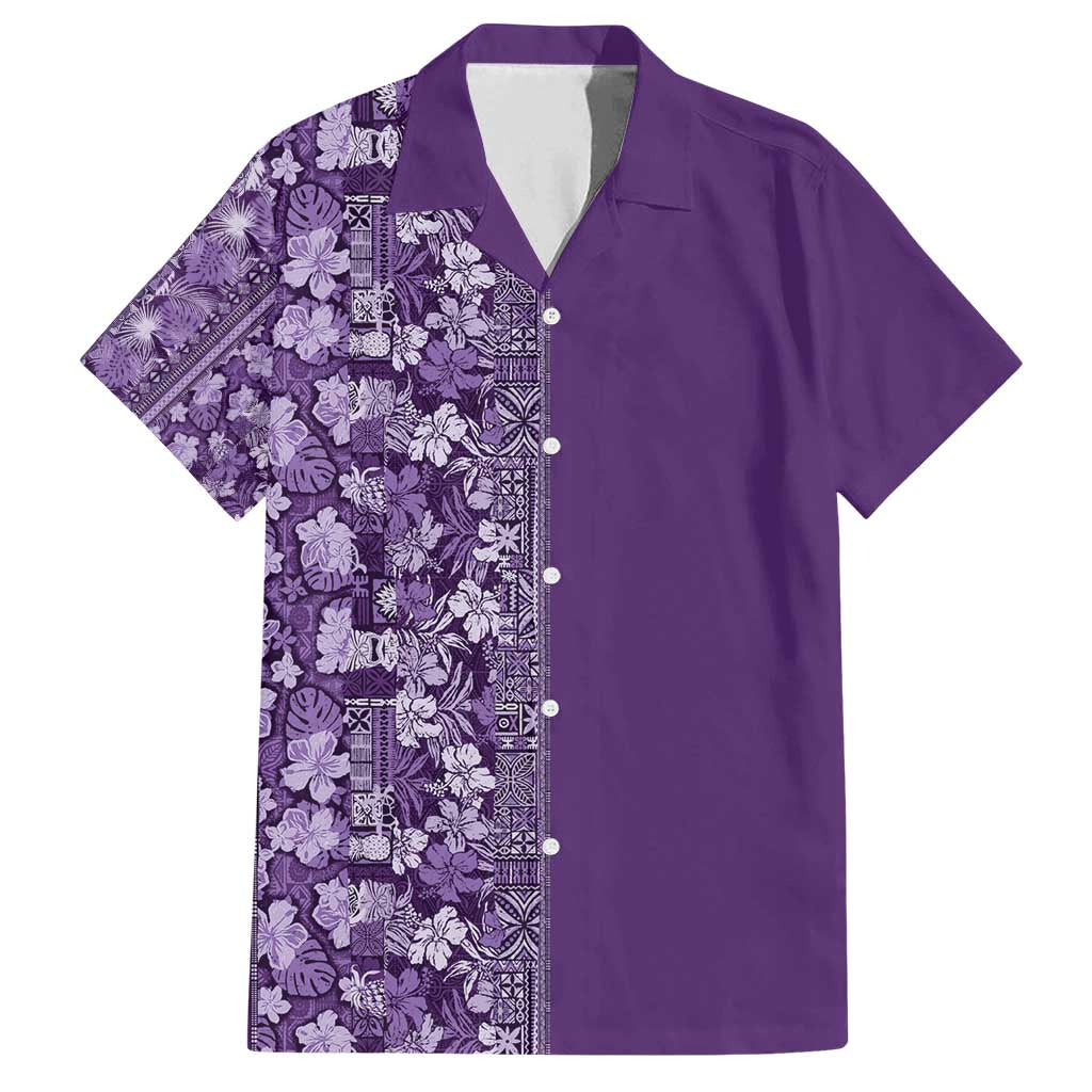 Hawaiian Tribal Elements Hibiscus Family Matching Puletasi and Hawaiian Shirt Purple Pattern - Polynesian Pride
