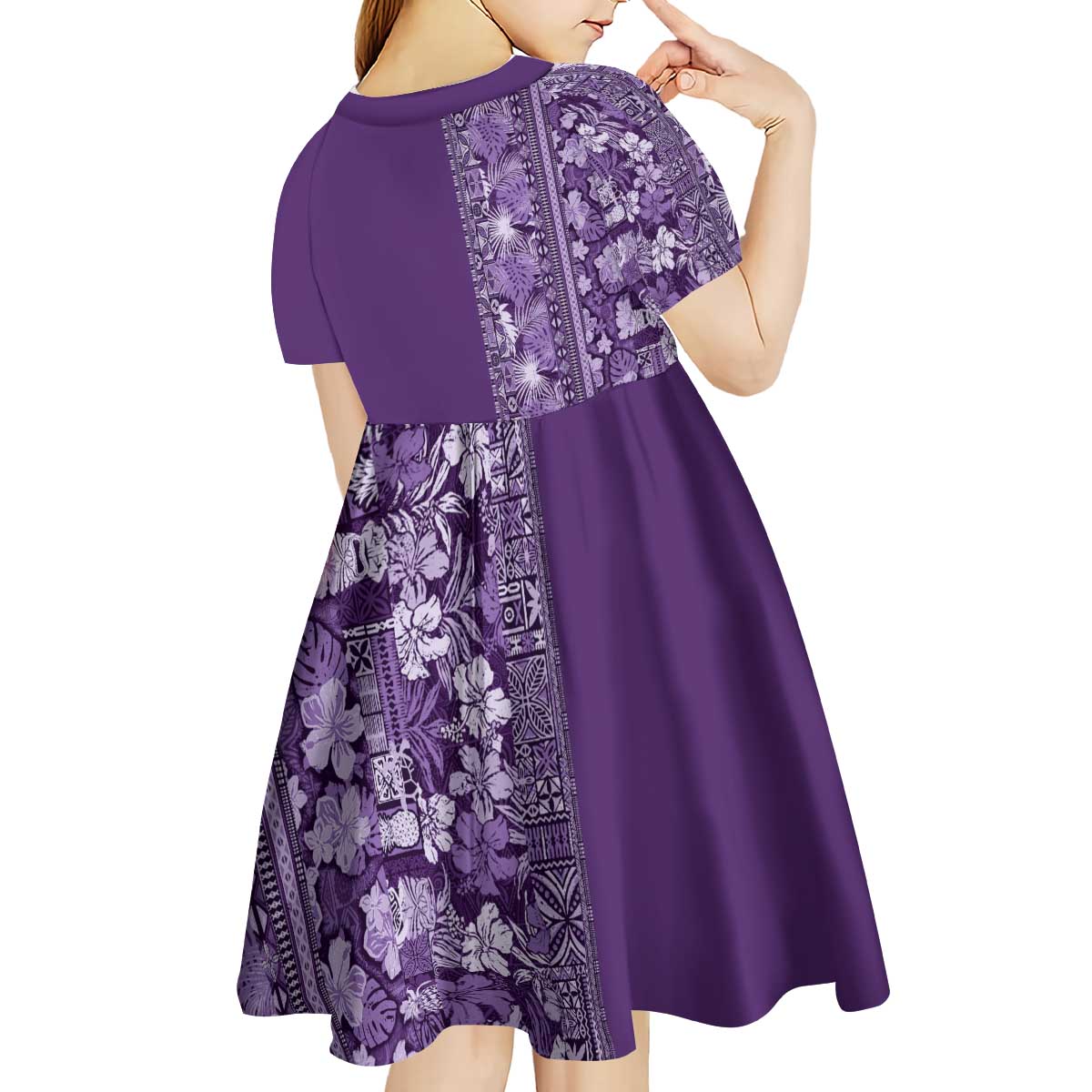 Hawaiian Tribal Elements Hibiscus Kid Short Sleeve Dress Purple Pattern - Polynesian Pride