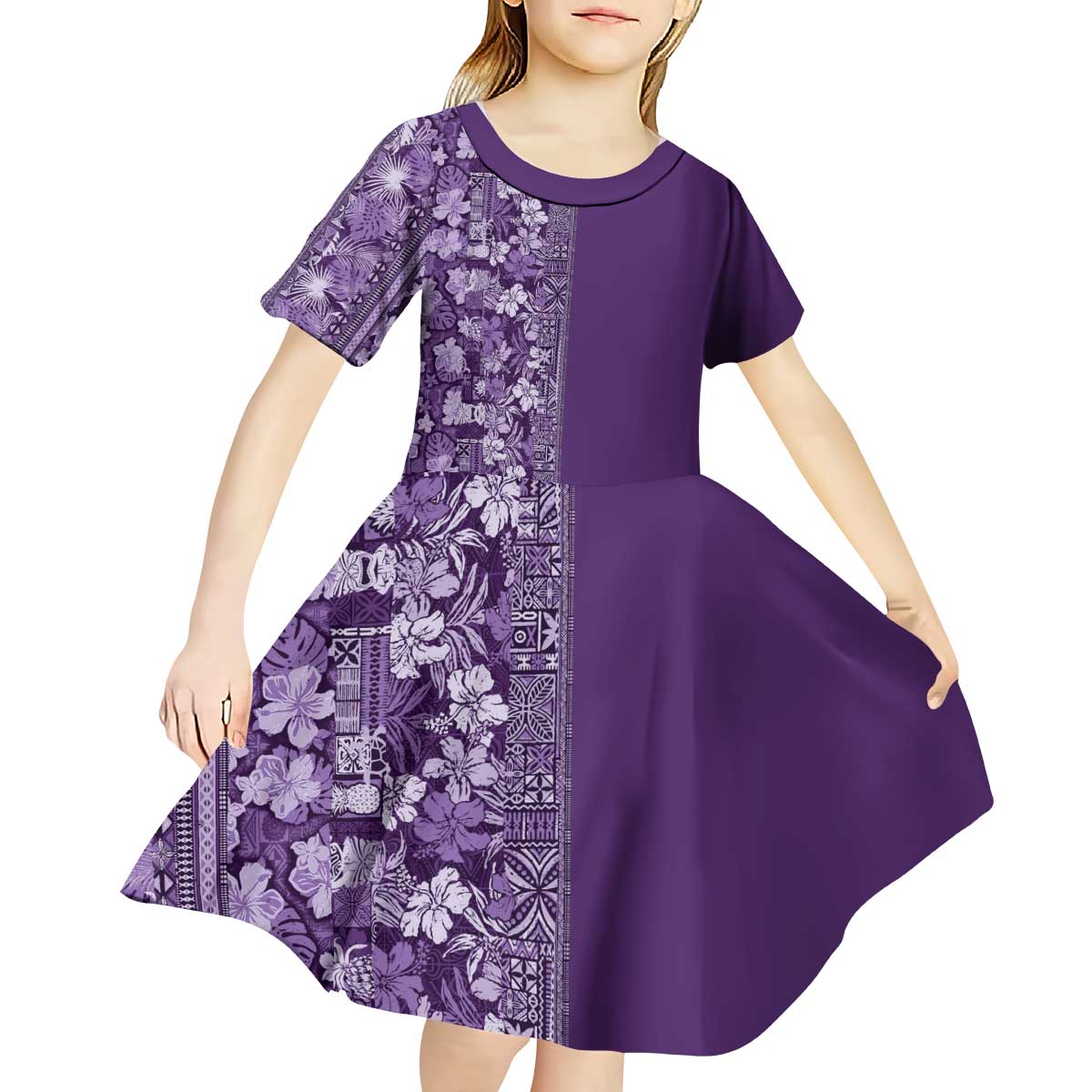 Hawaiian Tribal Elements Hibiscus Kid Short Sleeve Dress Purple Pattern - Polynesian Pride