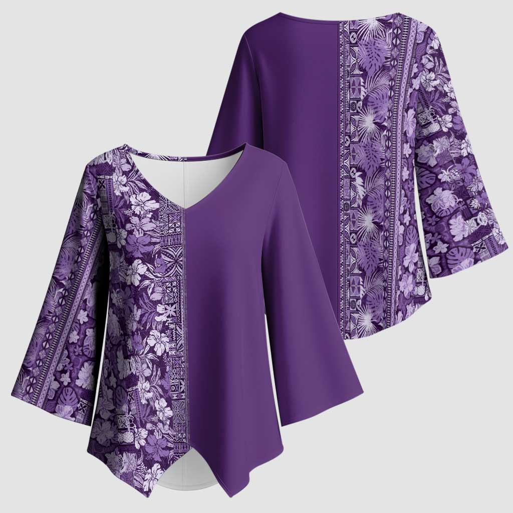 Hawaiian Tribal Elements Hibiscus Kimono Sleeve Blouse Purple Pattern - Polynesian Pride